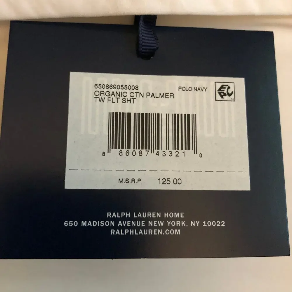 Ralph Lauren Organic Cotton Percale Palmer Twin Flat Sheet White Polo Navy New